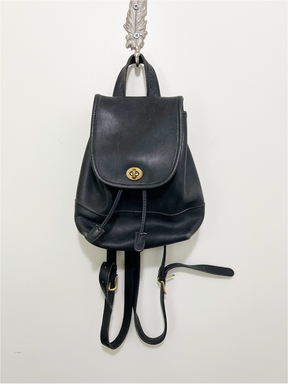 Coach Black Leather Drawstring Mini Backpack with Turn-Lock
